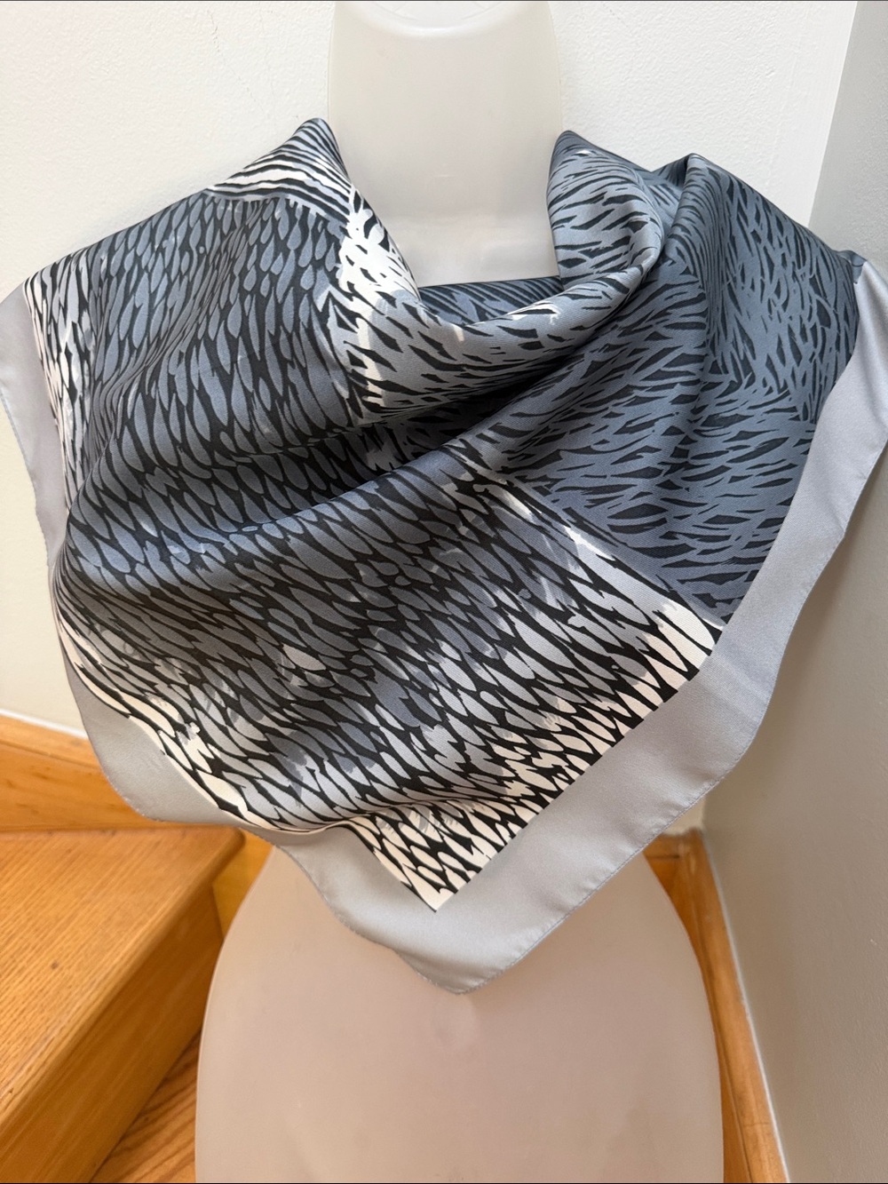 Retro Italian Polyester Satin Scarf Gray Black White Geometric Print